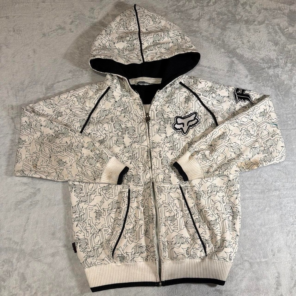Y2K Fox Racing Foxplosion All Over Print Full Zip Hoodie | White & Black | XS